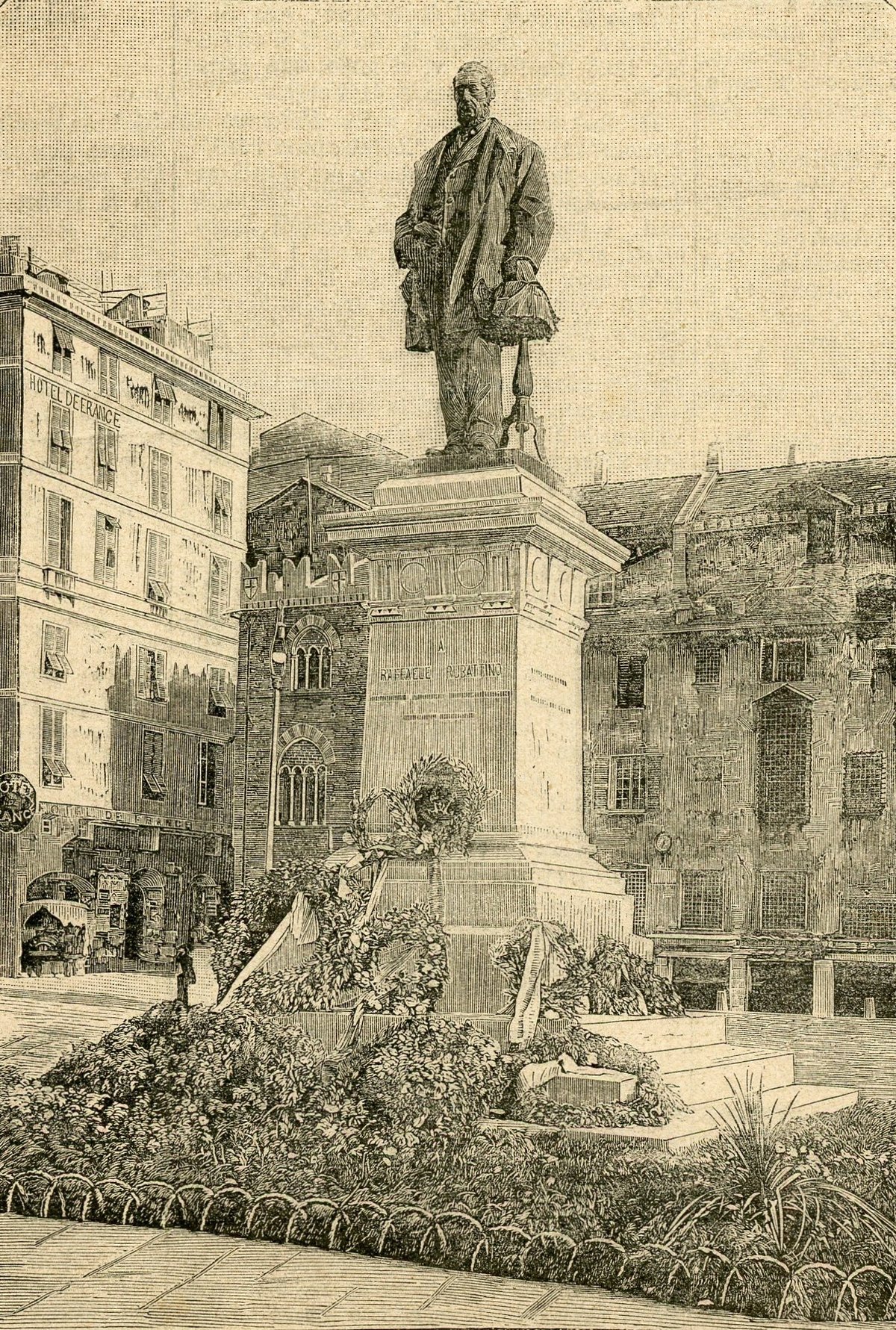 Monument to Raffaele Rubattino in Genoa woodcut illustration