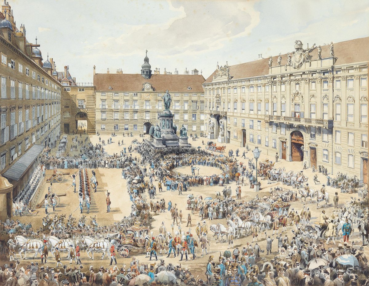 Watercolor painting by Anton Wessely showing a parade in the inner courtyard of the Vienna castle