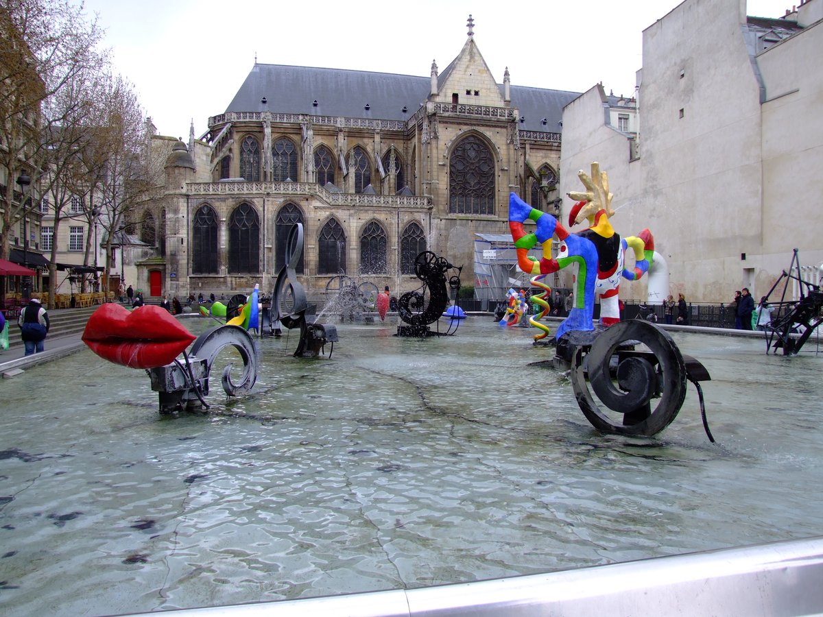 Stravinsky Fountain with colorful mechanical sculptures at Centre Pompidou Paris