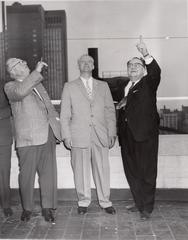 Roy A. Roberts, Mikhail Menshikov, and Milburn Pete Akers observing the cloudy Chicago sky for Sputnik 3, May 17, 1958