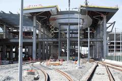 LAX Metro Transit Center station construction site in July 2023 with cranes and building materials