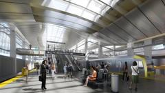 LAX Metro Transit Center station platform rendering with modern design and trains