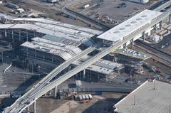 Aerial view of LAX/Metro Transit Center station in January 2024 showing train tracks and surrounding infrastructure