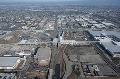 Aerial view of LAX/Metro Transit Center station in January 2024 showing train platforms and surrounding infrastructure