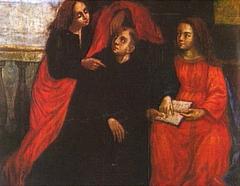 Historical religious painting depicting the apparition of Our Lady and Saint John the Evangelist to Blessed Rupert of Deutz