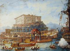 Group of 19th-century people disembarking from a boat on a river bank