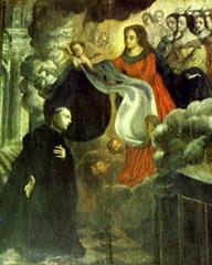 Religious painting depicting the apparition of Nossa Senhora to Santo Ildefonso