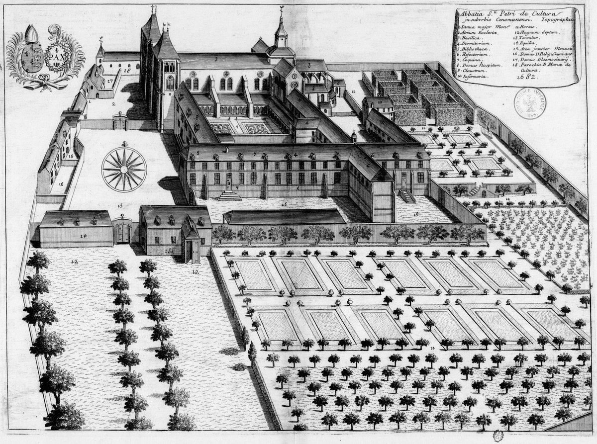 17th century engraved plate depicting Saint-Pierre de la Couture Abbey in Le Mans, France