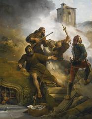 Historical painting depicting the first siege of Saragossa in 1808 with soldiers in battle