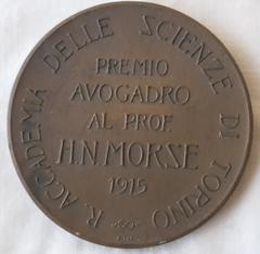 Reverse side of Avogadro medal awarded to H.N. Morse by Accademia delle Scienze di Torino in 1915