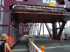 View east along lift section of Roosevelt Island Bridge on a partly sunny afternoon