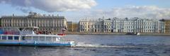 View of Palace Embankment buildings 8 and 10, Millionnaya Street building 5, and Mramorny Lane from the Neva River in Saint Petersburg