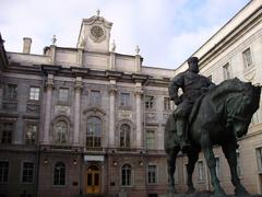 Monument to Alexander III of Russia with oriental frontage of Marble Palace in Saint Petersburg