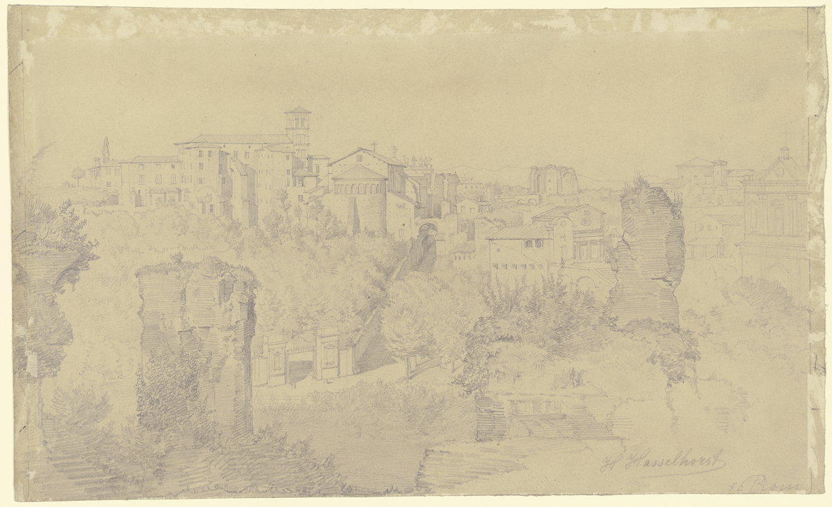 Topographical drawing of the Forum Boarium area in Rome with buildings and streets detailed