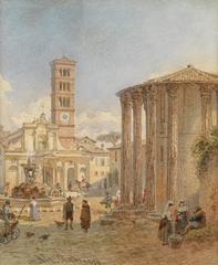 Historic view of Forum Boarium in Rome with ancient ruins and cityscape in 1859