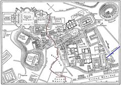 Ancient Rome map showing Cloaca Maxima sewer and Aqua Claudia aqueduct near Palatine hill and Forum Boarium