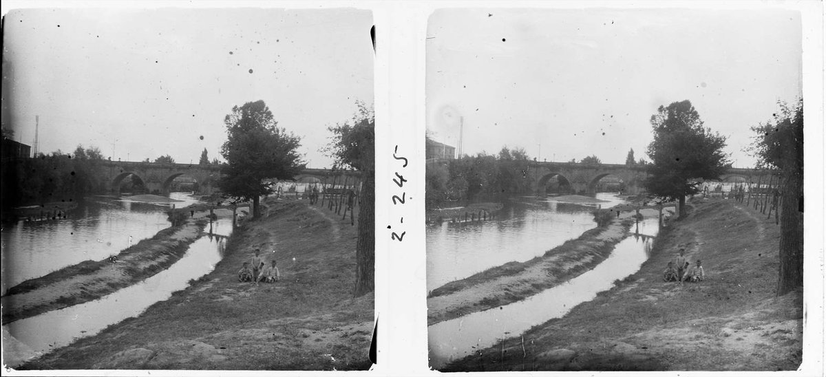 Manzanares River near the bridge in black and white historic photograph