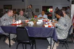 Illinois Senator Barack Obama having breakfast with Multi-National Force-Iraq service members at Baghdad Embassy, July 22