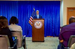 U.S. Secretary of State John Kerry addresses reporters at the U.S. Embassy in Baghdad in 2016