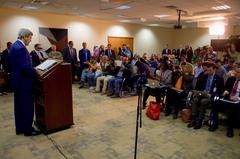 U.S. Secretary of State John Kerry speaking to reporters during a news conference at the U.S. Embassy in Baghdad on April 8, 2016