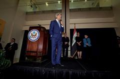 U.S. Secretary of State John Kerry addressing staff and family at U.S. Embassy Baghdad