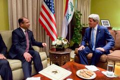 U.S. Secretary of State John Kerry and Iraqi Speaker Dr. Selim al-Jaburi seated and conversing at U.S. Embassy residence in Baghdad, April 2016
