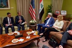 U.S. Secretary of State John Kerry sitting with Iraqi Speaker Dr. Selim al-Jaburi at U.S. Embassy Baghdad on April 8, 2016