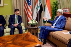 U.S. Secretary of State John Kerry sitting with Kurdistan Regional Government Prime Minister Nechirvan Barzani at the U.S. Embassy in Baghdad on April 8, 2016
