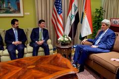 U.S. Secretary of State John Kerry meeting with Kurdistan Regional Government Prime Minister Nechirvan Barzani and Deputy Prime Minister Qubud Talabani at U.S. Embassy in Baghdad in 2016