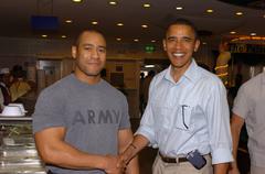Illinois Senator Barack Obama talks with Staff Sgt. Harrison Wright at Baghdad Embassy Compound