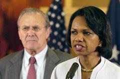 Secretary of State Condoleezza Rice and Secretary of Defense Donald H. Rumsfeld speaking to media at U.S. Embassy in Baghdad 2006