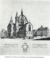 Historic lithograph showing cornerstone laying ceremony with a crowd of people