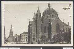 Trefoldighetskirken church in Oslo Norway exterior with brick facade and spires