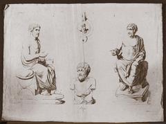 Engraving of ancient sculptures thought to represent Aesop by Ludwig Gruner, 1840