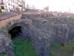 Roman Amphitheatre ruins in Catania with visitors and nearby buildings