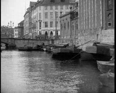Slotsholmskanalen at Holmens Bro and Holmens Kirke in Copenhagen from 1908 silent film