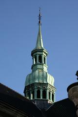 Holmens Kirke church belfry in Copenhagen with intricate brickwork and spire