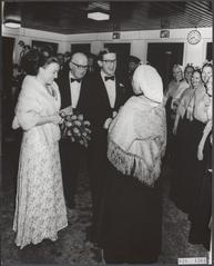 Celebratory performance in the Circusgebouw Scheveningen for royal guests on the wedding of Princess Margriet and Mr Pieter van Vollenhoven with fishermen women presenting a gift