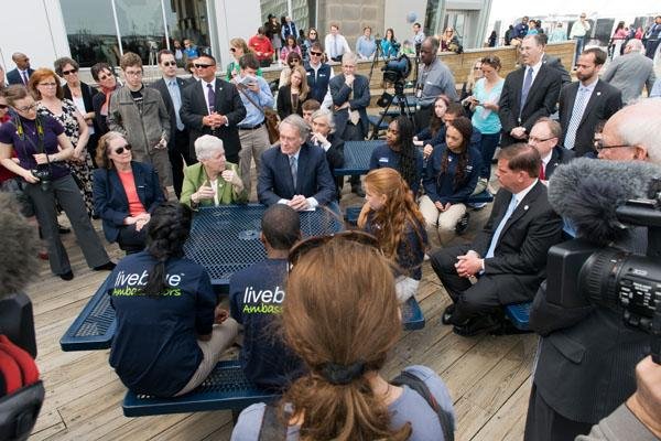 Group of leaders at Earth Day event at Boston Aquarium