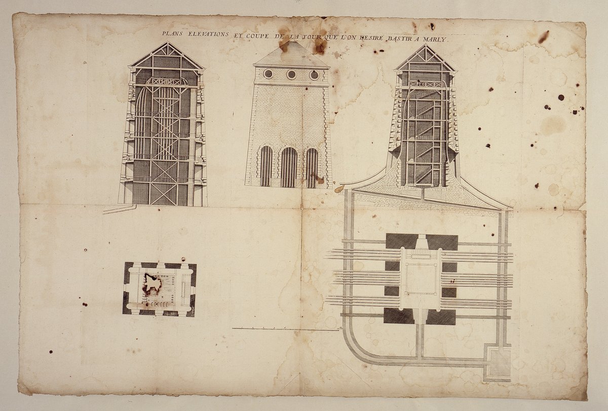 Old plan of the Levant tower, water arrival tower of the Louveciennes aqueduct from Marly machine on the Seine