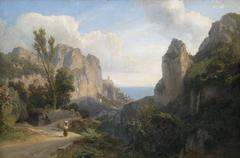 Oil painting of the Mühlental valley near Amalfi with lush greenery and sunlight