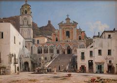 Painting of a lively market square in Amalfi with people and colorful buildings