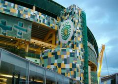 Exterior view of Alvalade XXI Stadium with Sporting Club of Portugal logo on game day against Shakhtar