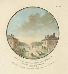 18th century aquatint engraving depicting the new barriers on the Route d'Orléans at the top of Rue d'Enfer in Paris
