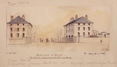 Historical drawing of Barrière d'Enfer in Paris, 1860, by Léon Leymonnerye showing two symmetrical toll pavilions beside an open gate with a passing carriage and surrounding vegetation and people