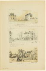Drawing of Barrière d'Enfer in Paris depicting two symmetrical pavilions and an open gate with a carriage passing through, created in 1860