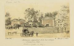 Drawing of buildings at Barrière d'Enfer in Paris from 1848 by Léon Leymonnerye