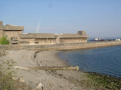 Base sous-marine submarine base in Brest with concrete structures and naval vessels
