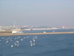 Aerial view of Rade de Brest harbor with water and naval vessels