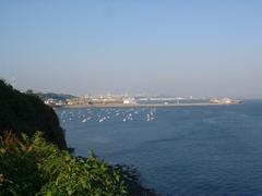 Aerial view of Rade de Brest harbor with docked ships, buildings, and surrounding landscape